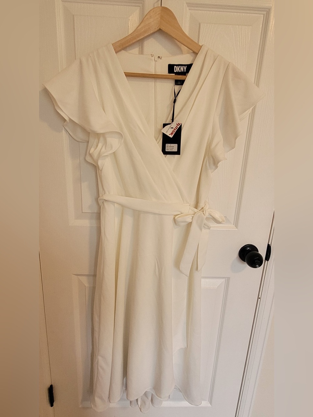 DKNY Cream Wrap Midi Dress with Flutter Sleeves